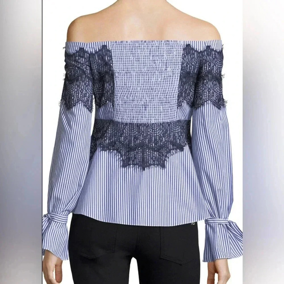 Tanya Taylor Pinstriped Off the Shoulder Lace Isadora Poplin Top - Picture 2 of 12